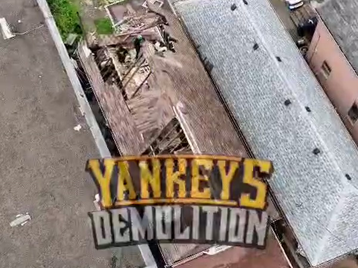 Aerial drone view of a Yankeys Demolition roof removal project in progress in Toronto